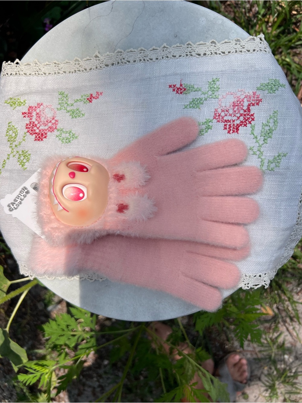 Girls’ Pink Plush Character Mittens with Fuzzy Cuffs